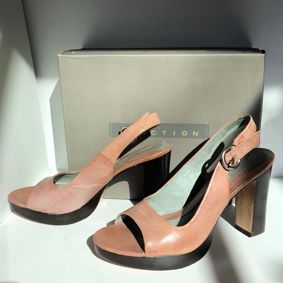 Kenneth Cole Peach Leather Slingback Open Toe Platform Wood Heels - Picture 4 of 16